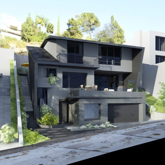 Modern multi-level black house on a sloped street with greenery.