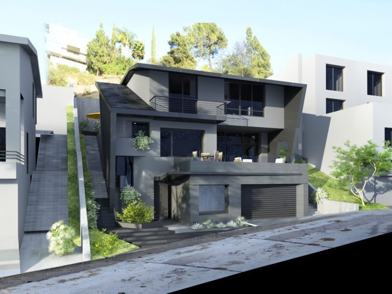 Modern multi-level black house on a sloped street with greenery.