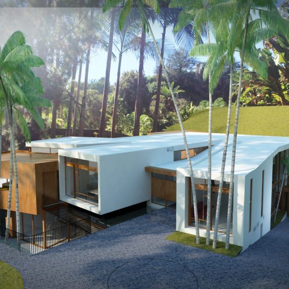 Modern white modular homes surrounded by tall palm trees.