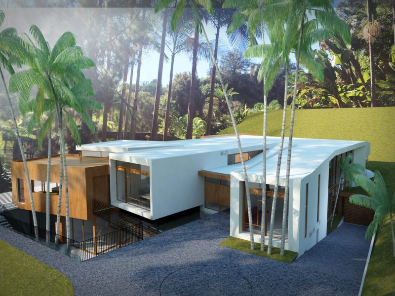 Modern white modular homes surrounded by tall palm trees.