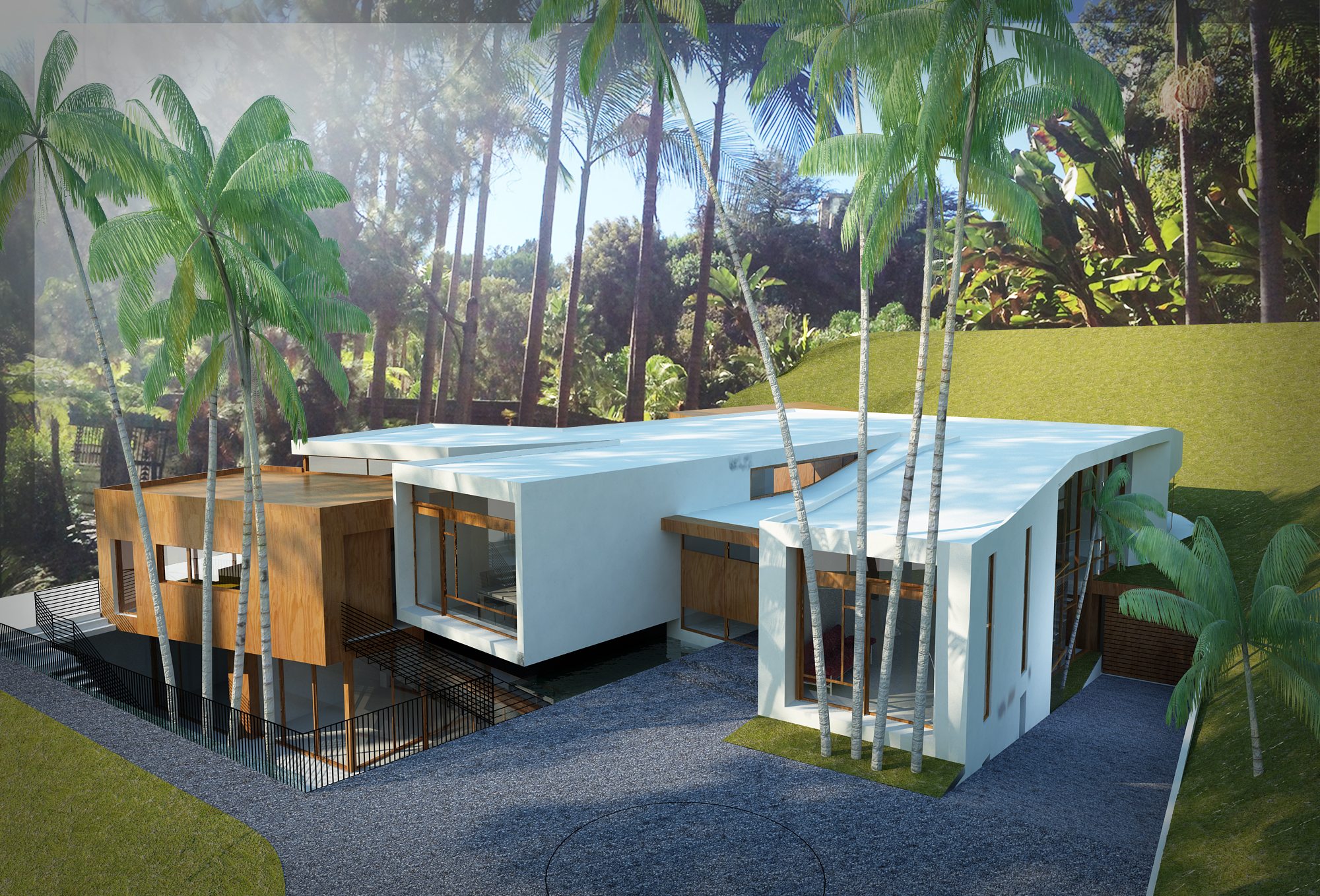 Modern white modular homes surrounded by tall palm trees.