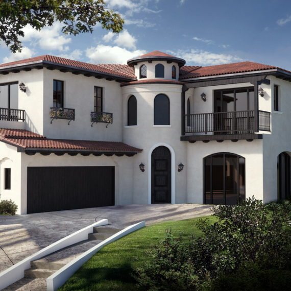 Modern two-story house with white walls and brown roof tiles.