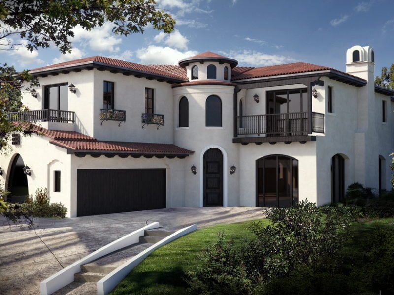 Modern two-story house with white walls and brown roof tiles.