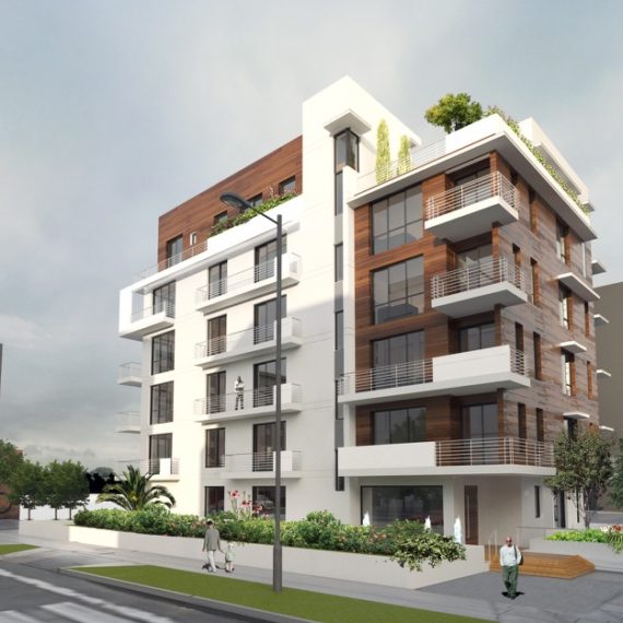 Modern multi-story residential building with balconies and greenery.