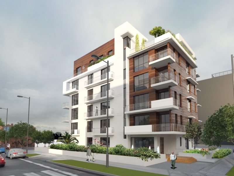 Modern multi-story residential building with balconies and greenery.