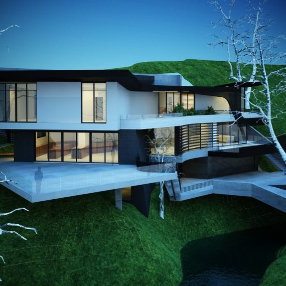 Modern multi-level house with large windows and outdoor terraces.