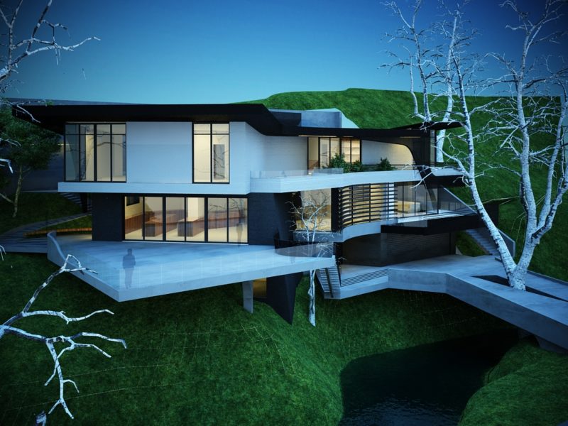 Modern multi-level house with large windows and outdoor terraces.