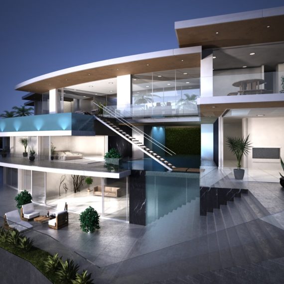 Modern luxury home with glass balconies and sleek outdoor design.
