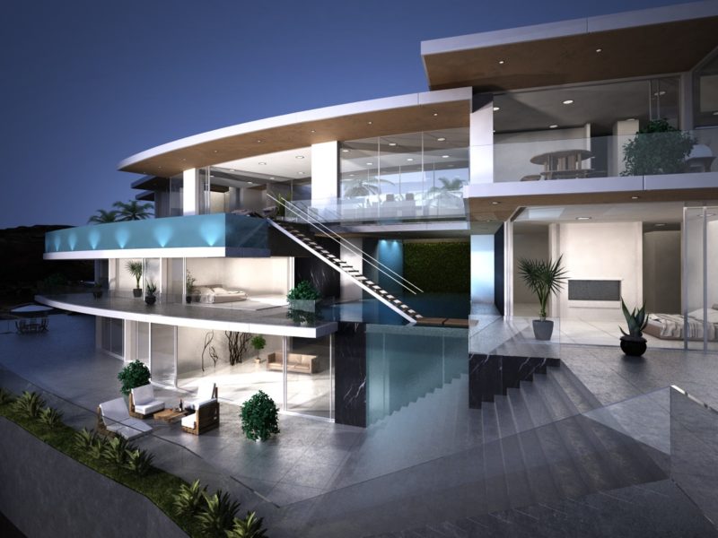 Modern luxury home with glass balconies and sleek outdoor design.