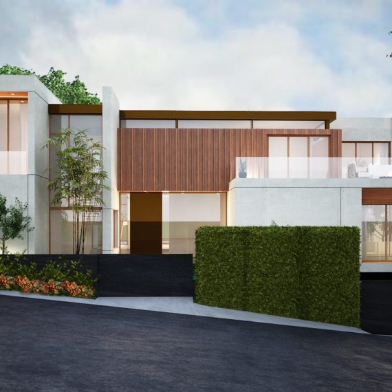 Modern white house with wooden accents and green landscaping.