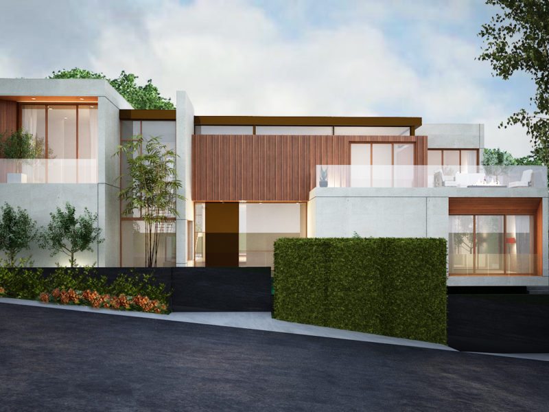 Modern white house with wooden accents and green landscaping.
