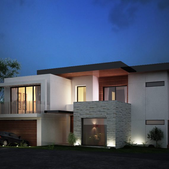 Modern two-story house with illuminated exterior at dusk.