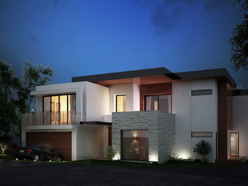 Modern two-story house with illuminated exterior at dusk.