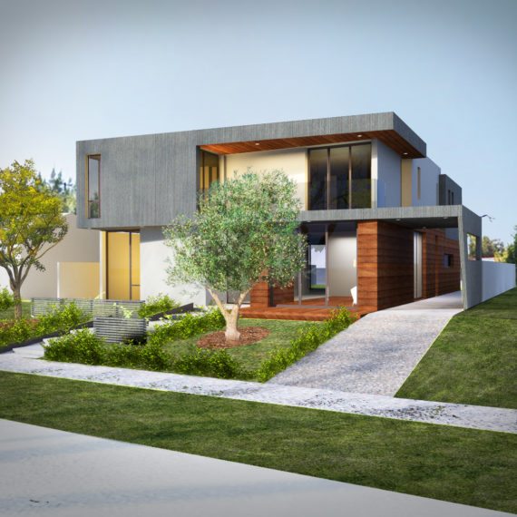 Modern two-story house with sleek design and lush landscaping.