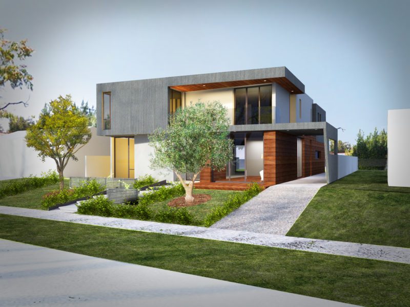 Modern two-story house with sleek design and lush landscaping.
