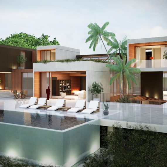 Modern luxury villa with infinity pool and sun loungers.