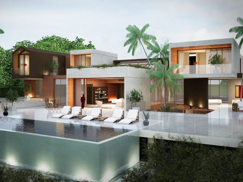 Modern luxury villa with infinity pool and sun loungers.