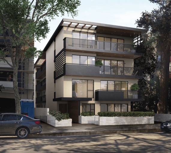 Modern multi-story residential building with large balconies and glass railings.