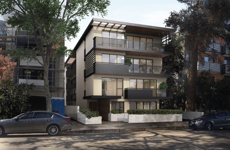 Modern multi-story residential building with large balconies and glass railings.