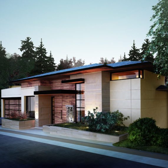 Modern single-story house with a flat roof and large windows during dusk.