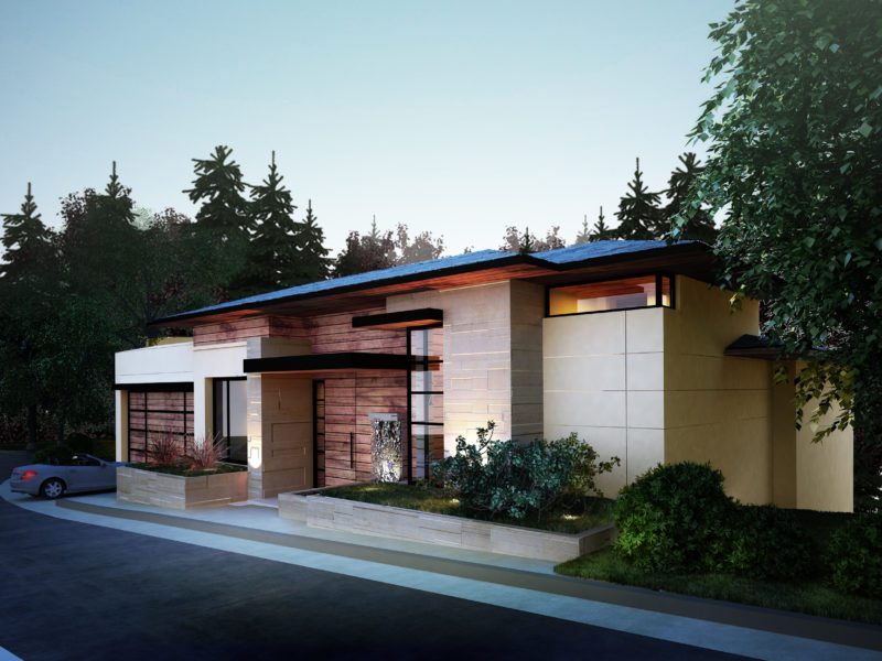 Modern single-story house with a flat roof and large windows during dusk.