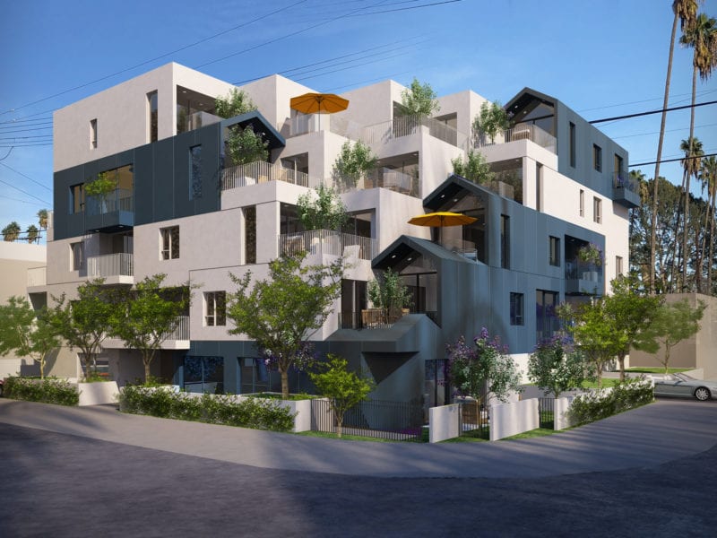 Modern apartment complex with terraces and greenery under a clear sky.