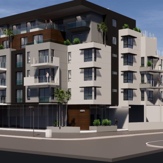 Modern multi-story residential building with balconies and rooftop greenery.