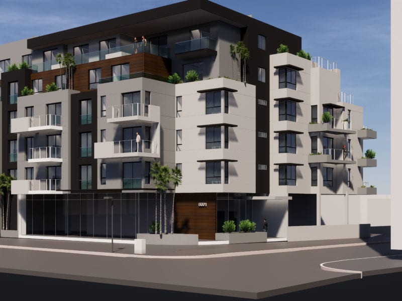 Modern multi-story residential building with balconies and rooftop greenery.