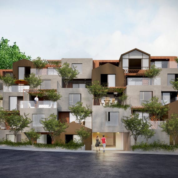 Modern multi-level building with greenery integrated into its design.