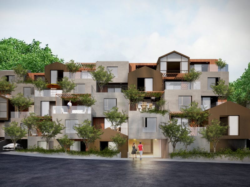 Modern multi-level building with greenery integrated into its design.