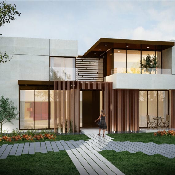 Modern two-story house with large windows and a minimalist garden.