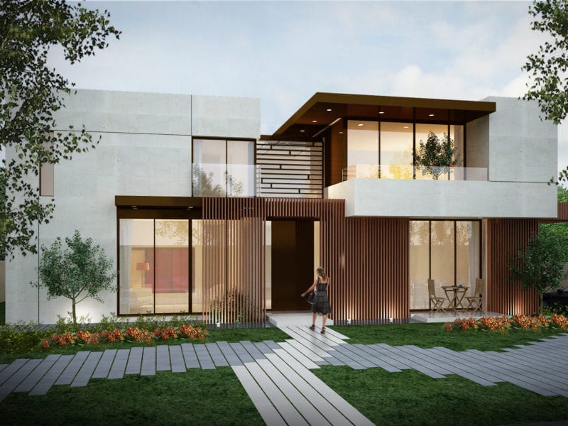 Modern two-story house with large windows and a minimalist garden.