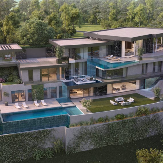 Modern luxury villa with pools, terraces, and scenic hillside views.
