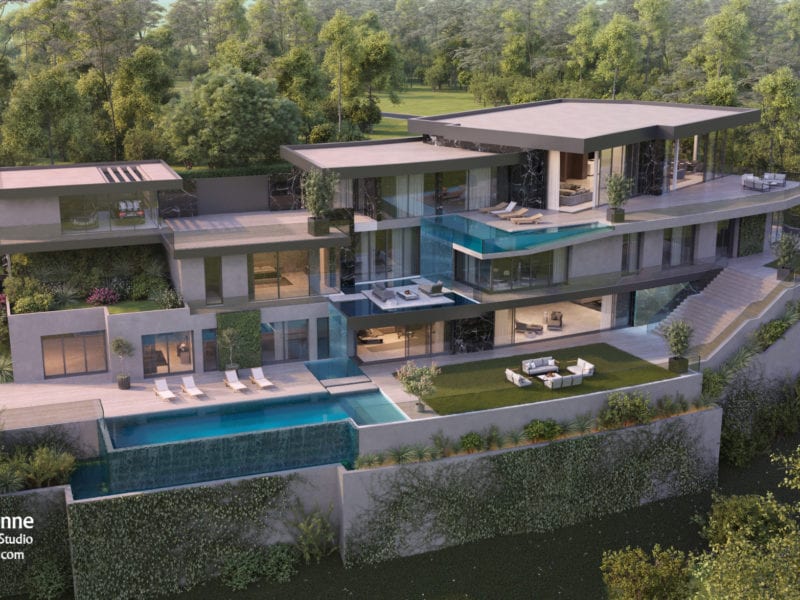 Modern luxury villa with pools, terraces, and scenic hillside views.