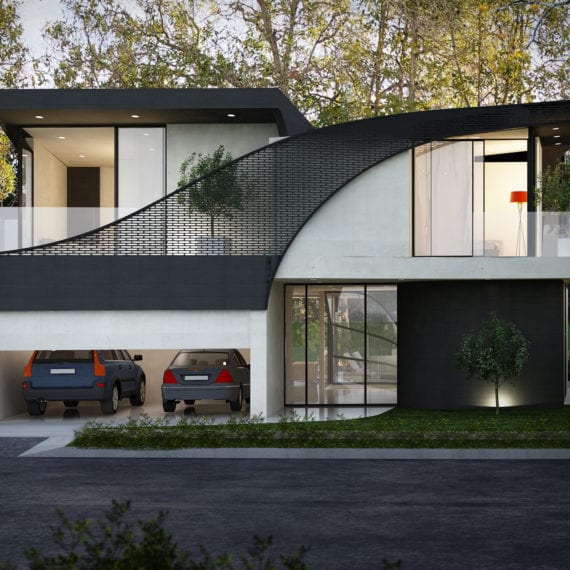 Modern two-story house with curved balcony and garage beneath.