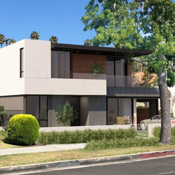 Modern two-story house with large windows and spacious balcony.