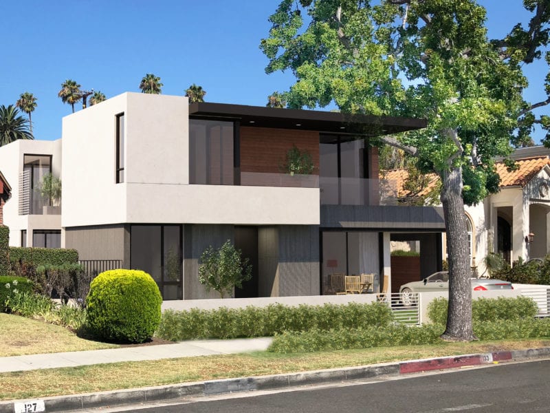 Modern two-story house with large windows and spacious balcony.