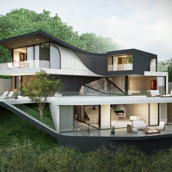 Modern multi-level house with a curved roof nestled in greenery.