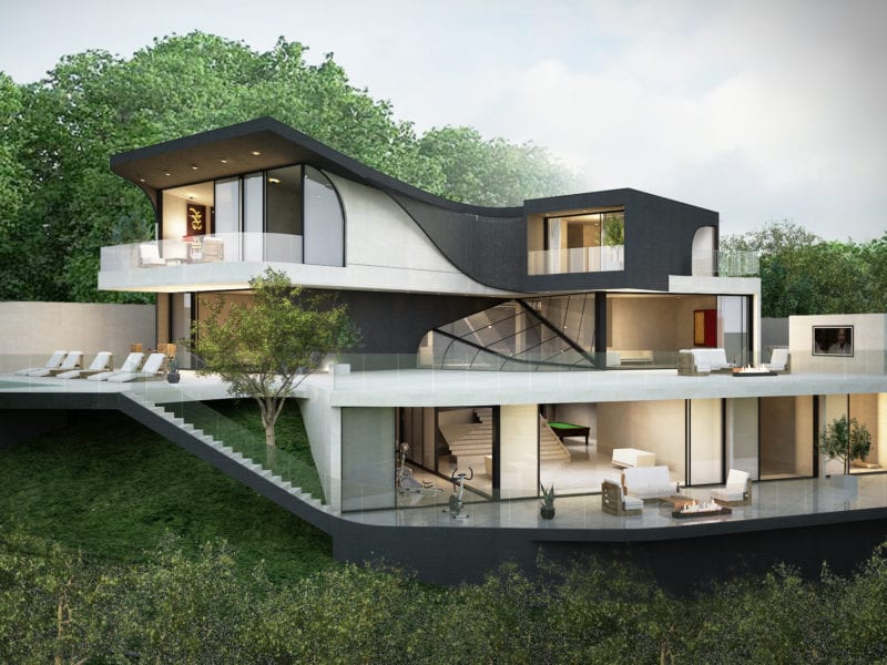 Modern multi-level house with a curved roof nestled in greenery.
