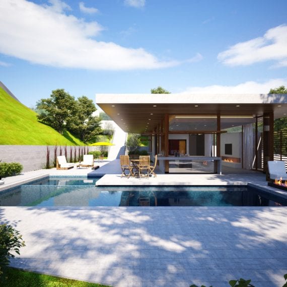 Modern house with a pool and green hills in the background.