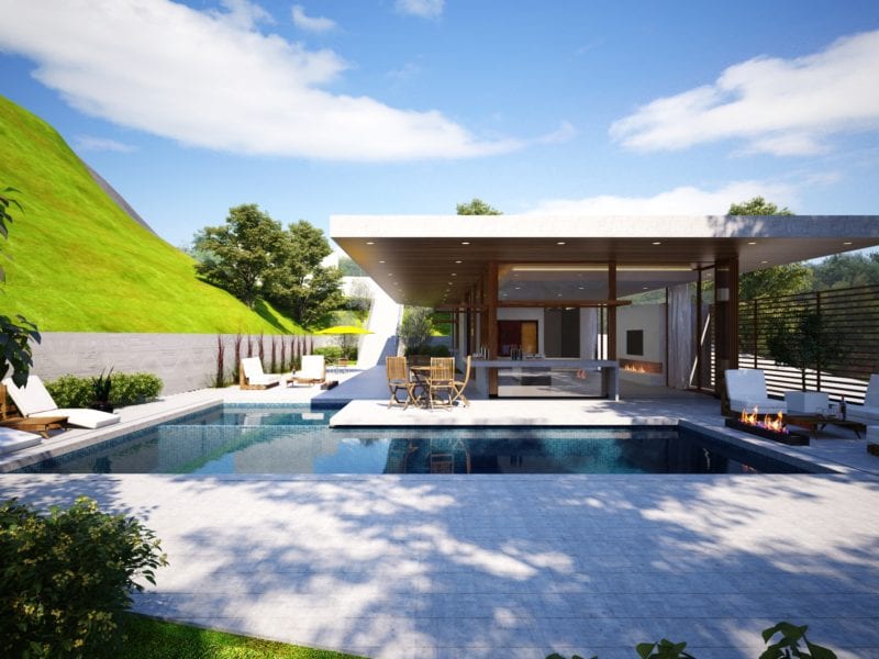 Modern house with a pool and green hills in the background.