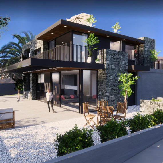 Modern two-story house with large glass windows and outdoor seating area.