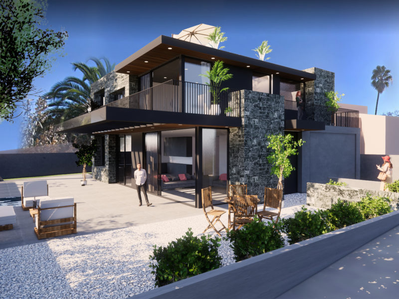 Modern two-story house with large glass windows and outdoor seating area.