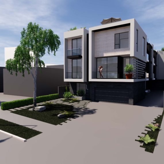 Modern two-story house with large windows and minimalist landscaping under a clear sky.