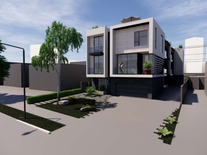Modern two-story house with large windows and minimalist landscaping under a clear sky.