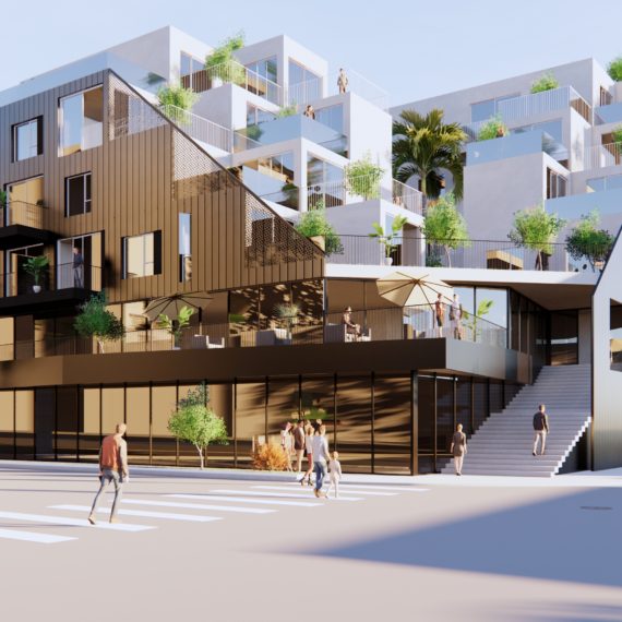 Modern multi-level building with wooden and white facades and rooftop gardens.