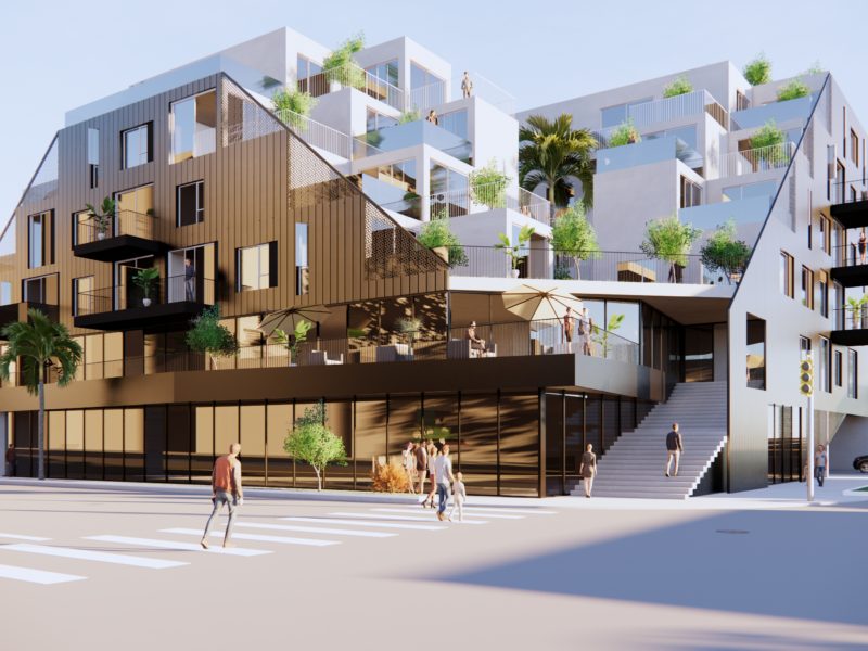 Modern multi-level building with wooden and white facades and rooftop gardens.