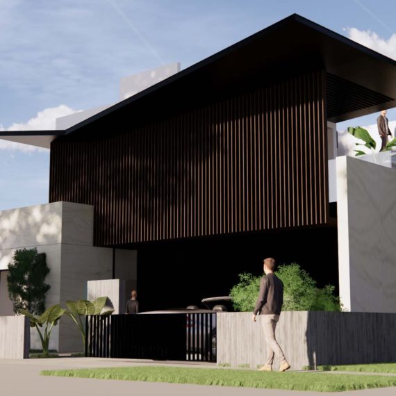 Modern house with dark wood facade and a person walking by.