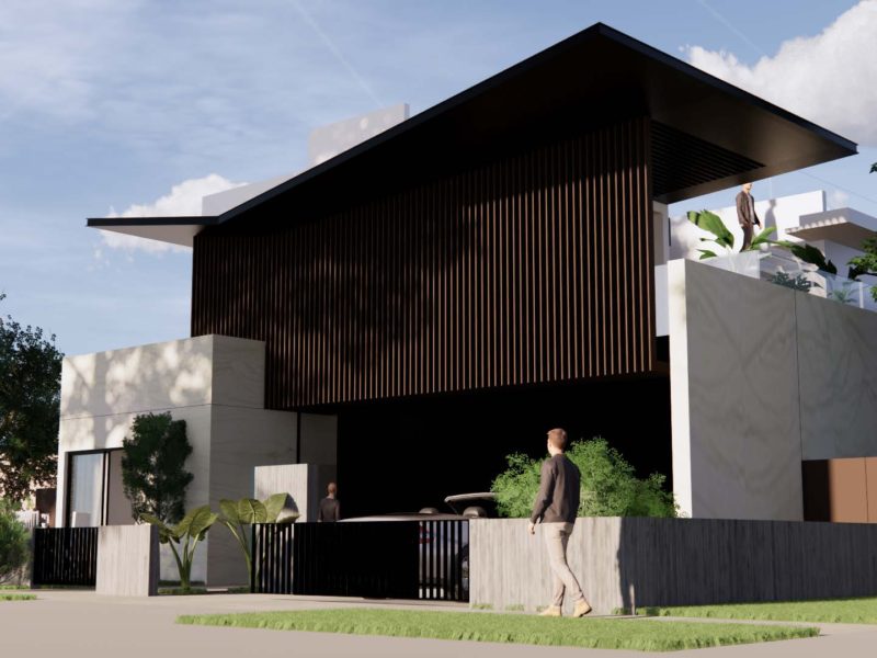 Modern house with dark wood facade and a person walking by.
