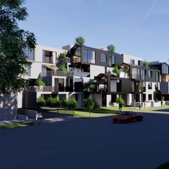 Modern residential building with distinct geometric design and greenery.